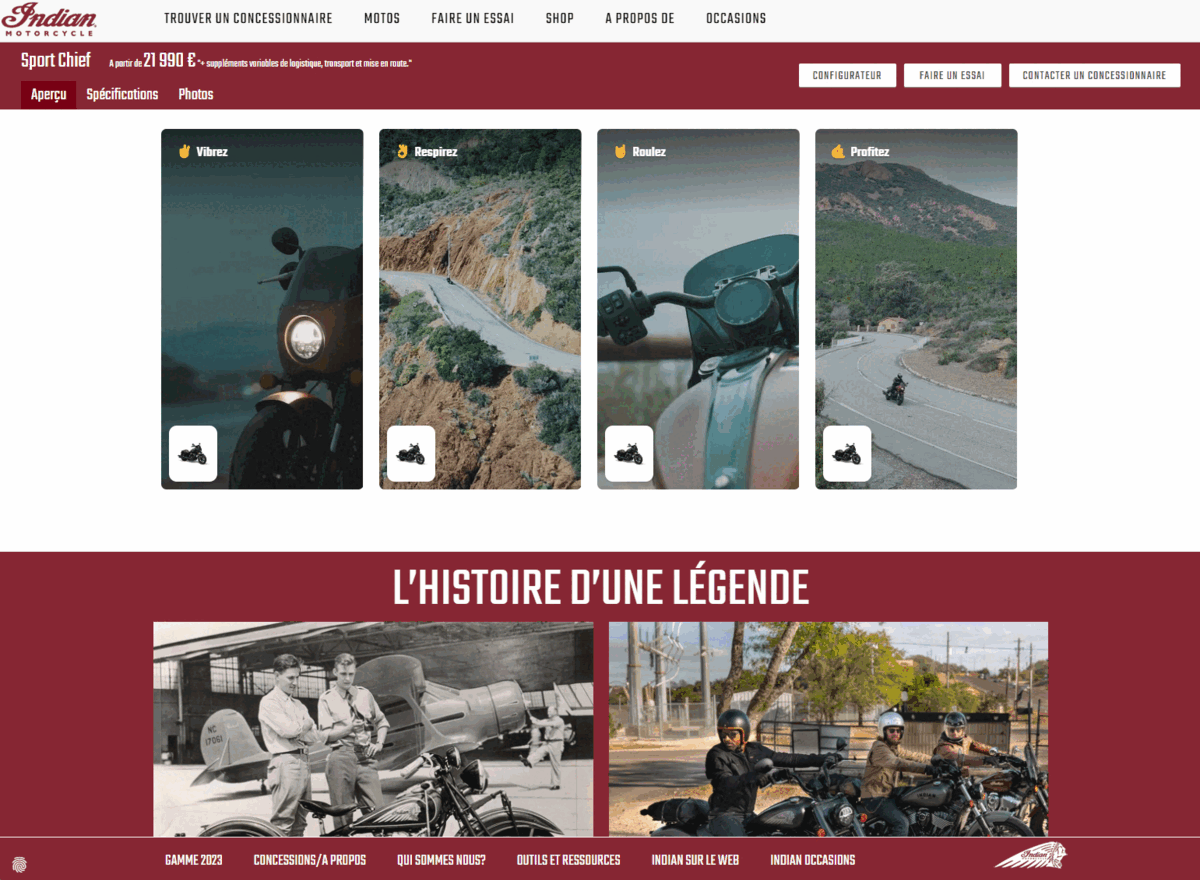 La page de Live Shopping de Indian Motorcycles
