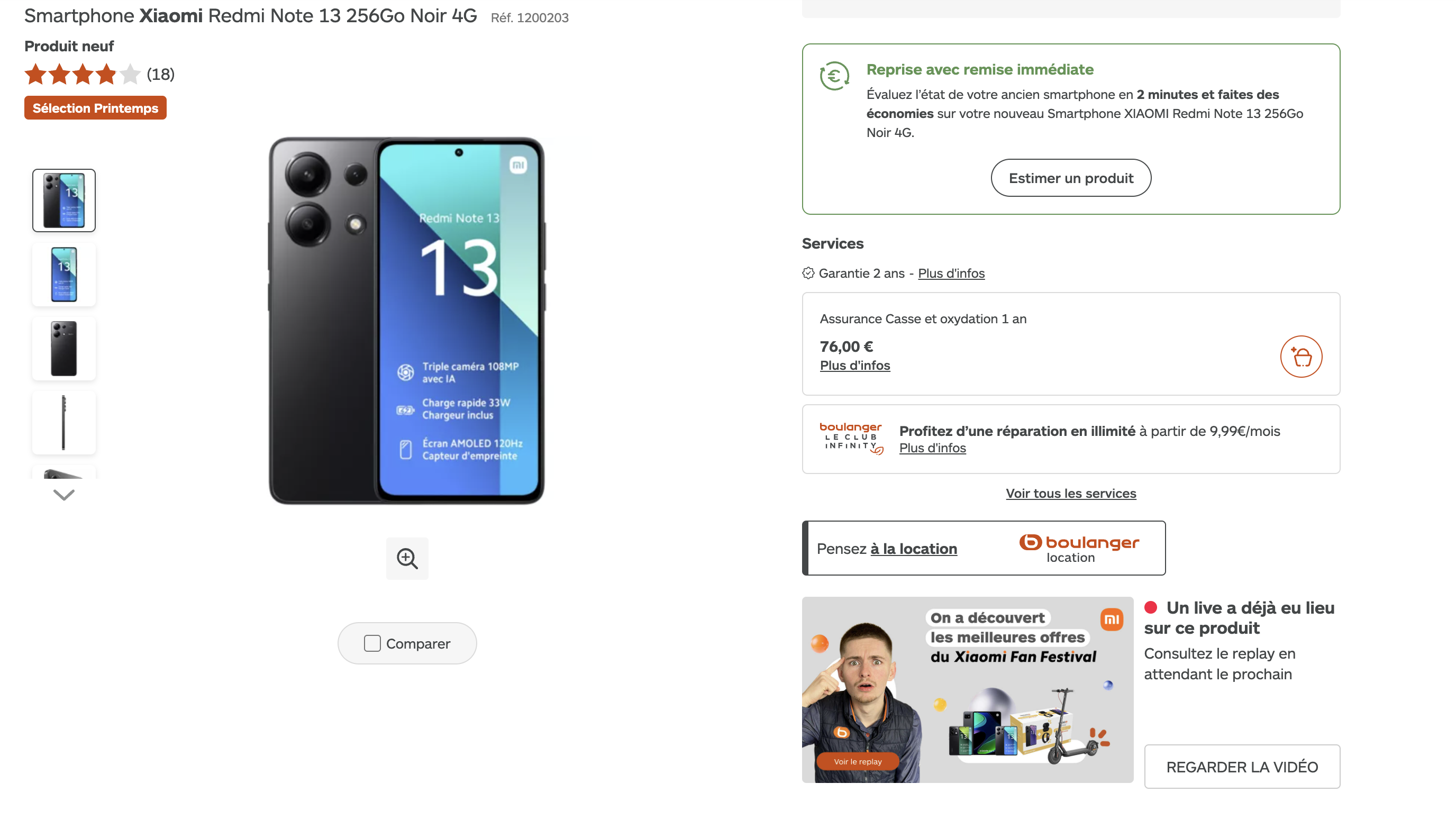 Un replay disponible sur une page produit liée sur le site internet de Boulanger