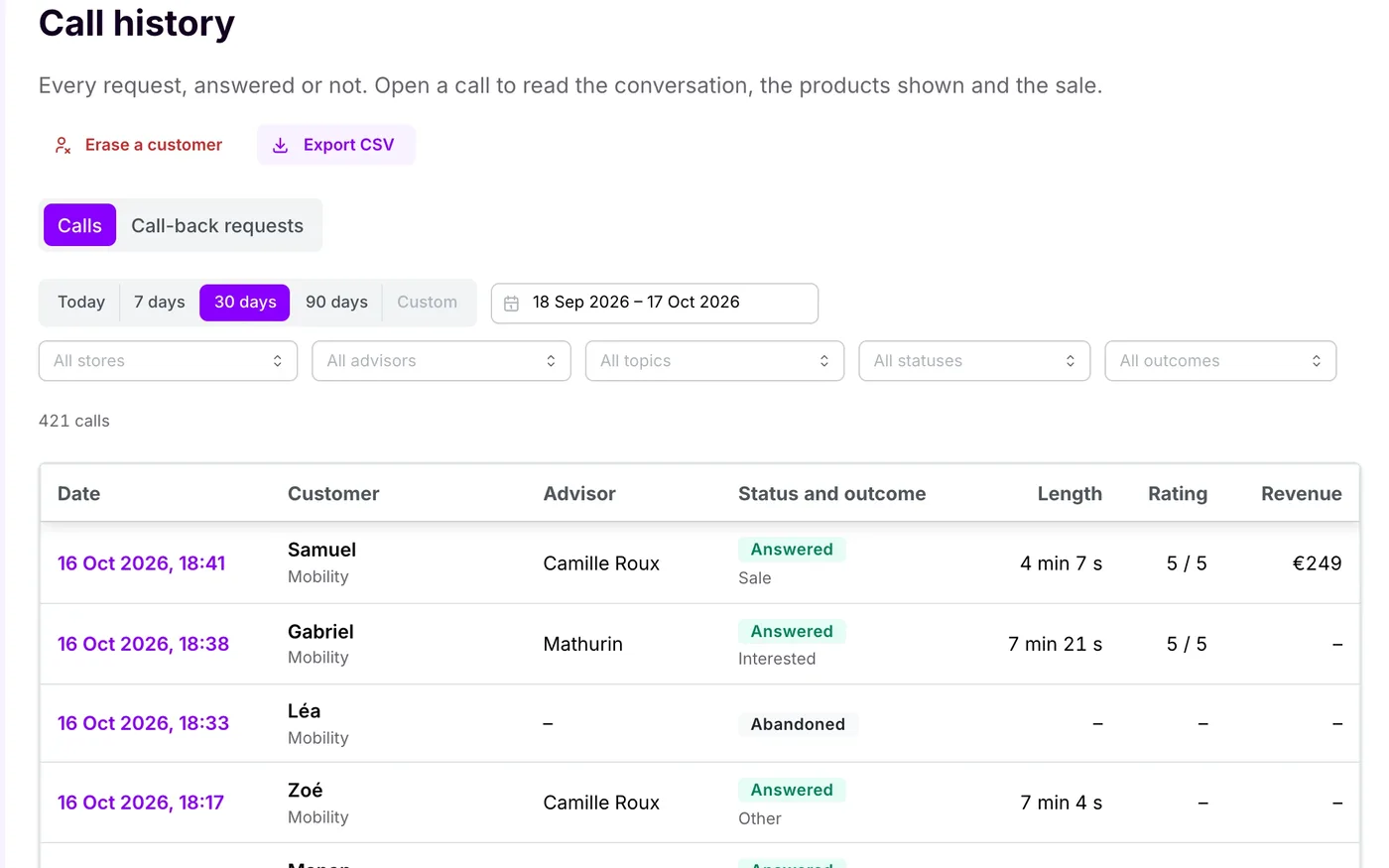 The history of every call, exportable as CSV.