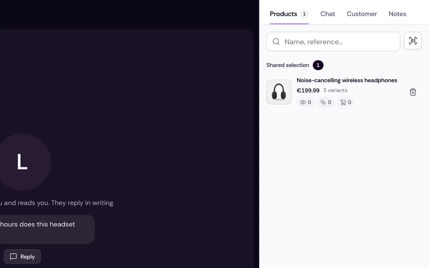 They search the catalog and send the product card into the call.