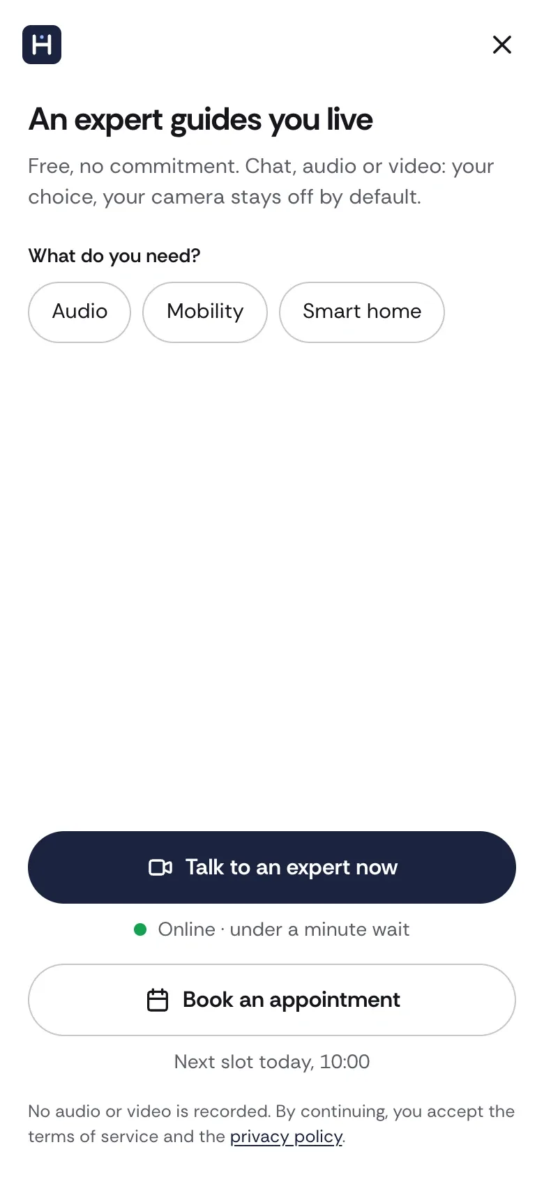 The customer picks a need, then right now or by appointment.