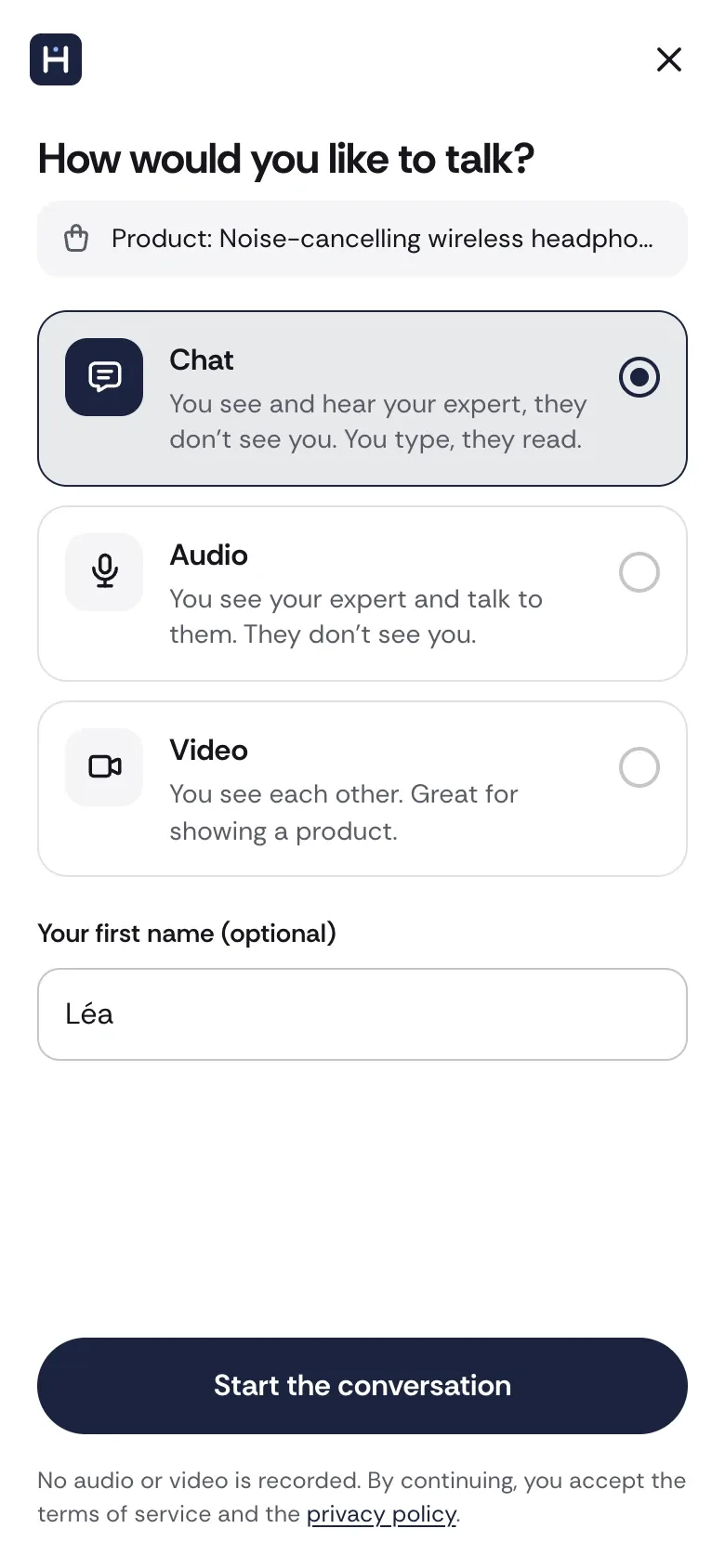 Chat, audio or video: their camera stays off by default.