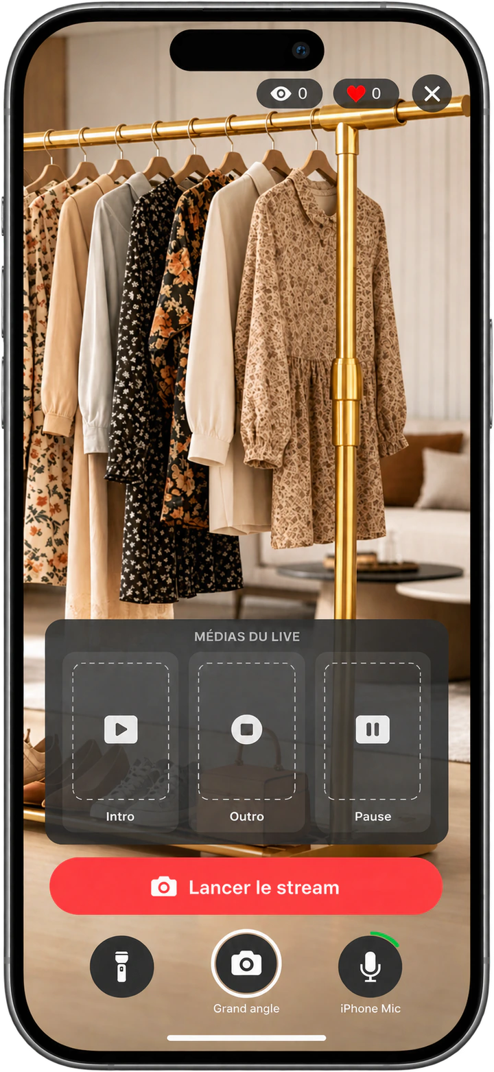 L'application Caast pendant un live : aper&ccedil;u cam&eacute;ra, m&eacute;dias du live, bouton Lancer le stream, choix de l'objectif et du micro